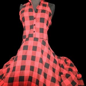Elegant Red and Black Checkered Midi Dress